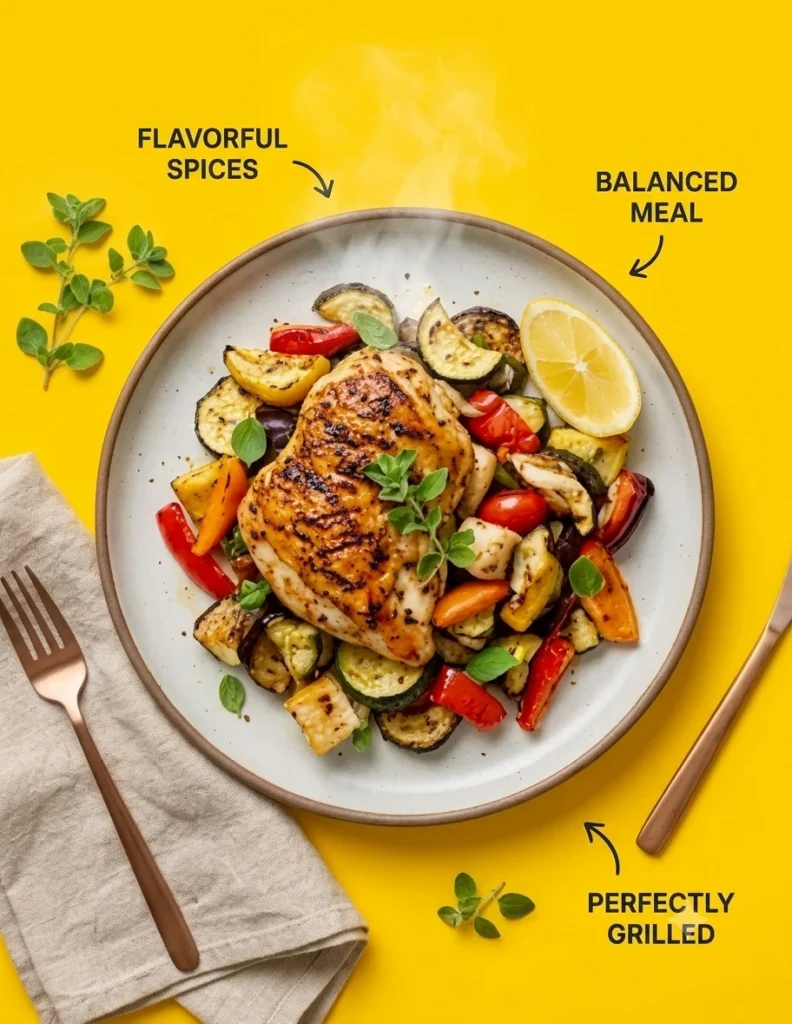 Top-down food photography of a Mediterranean grilled chicken breast served with roasted vegetables like zucchini and bell peppers on a rustic ceramic plate, set against a vibrant canary-yellow background with a fork, knife, and fresh herbs.