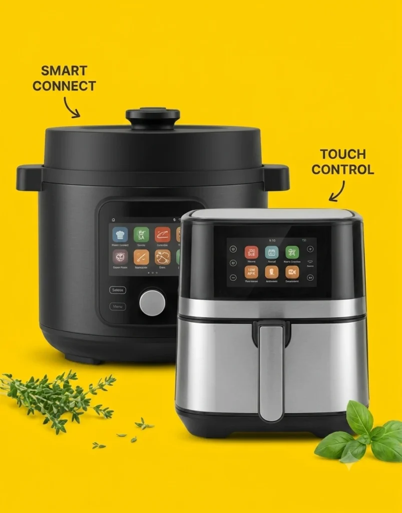 Two smart kitchen appliances, a matte black multi-cooker (left) with a detailed touchscreen interface and a silver and black air fryer (right) with touch control, placed on a vibrant canary-yellow background with fresh thyme and basil.
