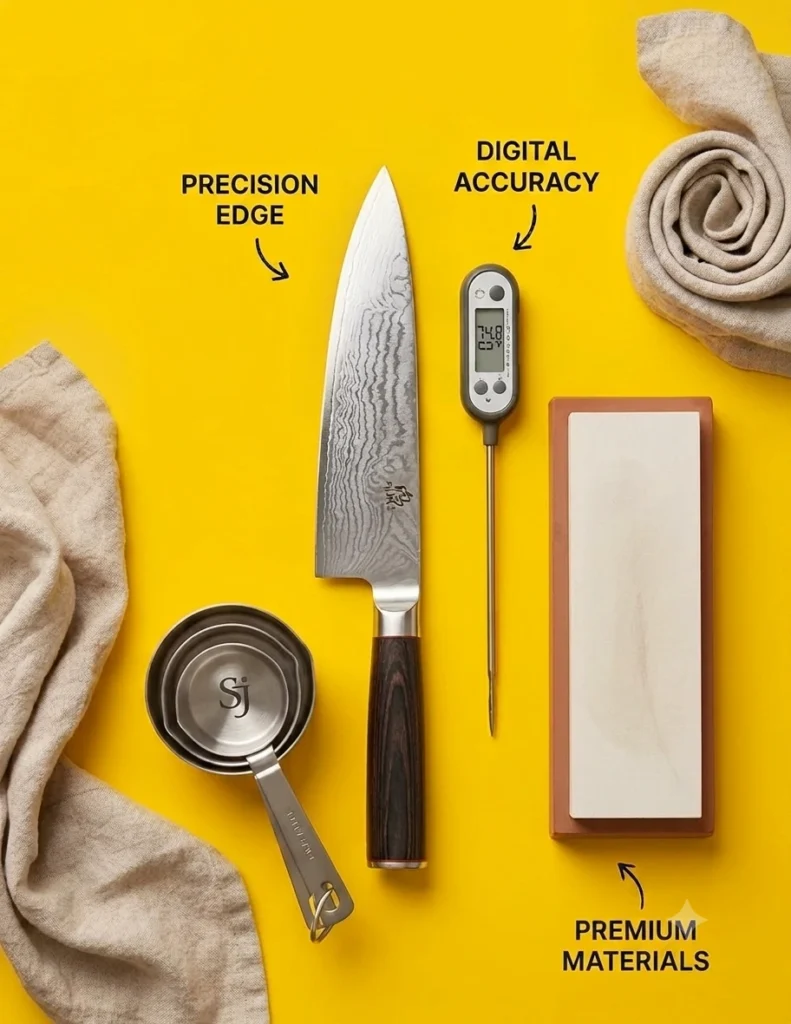 Top-down product photography of a Damascus steel chef's knife, a digital food thermometer, stainless steel measuring cups, and a whetstone sharpening stone, neatly arranged on a solid vibrant canary-yellow background with rustic linen cloth accents.